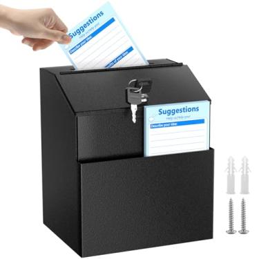 Imagem de MaxGear Caixa de sugestão com cadeado, caixa de balão de metal com slot caixa de doação montada na parede com 50 peças de cartões de sugestão gratuitos, caixa de armazenamento segura para caixa de comentários, 2 chaves, 21 cm A x 19 cm C x 14 cm L x 14 cm L, preta