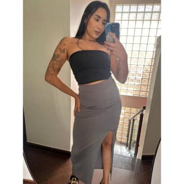 Imagem de Saia De Cintura Alta Longa Com Fenda Lateral Midi - NoBrand, Cinza, P