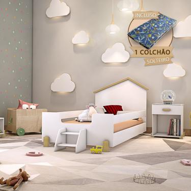 Imagem de Cama Infantil Montessoriana Com Colchão E Escadinha Solteiro AylaBranca E Natural Branco