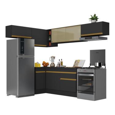 Imagem de Armário De Cozinha Completa De Canto Com Rodapé Veneza Multimóveis V2095 Preto/dourado Preto/dourado