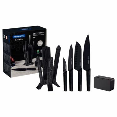 Imagem de Jogo De Facas Tramontina Nygma Com Lâmina Em Aço Inox E Cabos De Polipropileno Preto Com Suporte E Caixa De Som 06 Peças