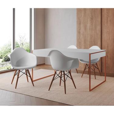 Imagem de Mesa Jantar Industrial Filadélfia Branca 137X90Cm Base Cobre Com 4 Poltronas Brancas Ma Branco