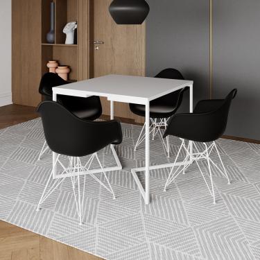 Imagem de Mesa Jantar Industrial Quadrada Branca 90Cm Base V Com 4 Poltronas Pretas Ferro Branco Cor: Branco