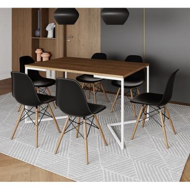 Imagem de Mesa Jantar Industrial Retangular Amêndoa 137X90Cm Base V Ferro Branco C/6 Cadeiras Preta Ma Amendoa