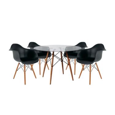 Imagem de Mesa Sala De Jantar Eiffel Vidro Redonda 110Cm Vidro Com 4 Poltronas Pretas Base Madeira Cor: Preto