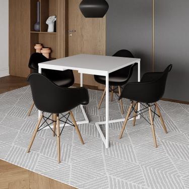 Imagem de Mesa Jantar Industrial Quadrada 90Cm Branca Base V Ferro Branco Com 4 Poltronas Pretas Cor: Branco