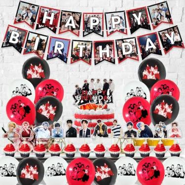 Imagem de STRAY-KIDS Artigos de festa de aniversário, STRAY-KIDS Conjunto de presente de decoração de aniversário - Banner STRAY-KIDS, 18 peças, toppers de bolo, 21 peças de cupcake perfeito para meninos e meninas (vermelho)