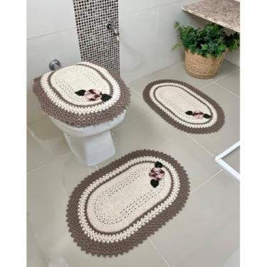 Imagem de Jogo De Banheiro Em Crochê 3 Peças Bordado Flor Artesanal (Café com leite)