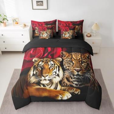 Imagem de jejeloiu Conjunto de edredom queen de tigre para crianças, meninos, meninas, leopardo, safári, gato, estampa feminina, rosa vermelha, animal selvagem, conjunto de cama com lençol com lençol romântico