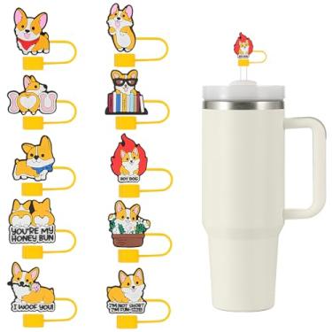Imagem de 10 peças de tampa de palha para copo Stanley, topo de palha reutilizável de silicone Corgi de 10 mm compatível com copo Stanley de 30 e 1,134 g com alça, acessórios para copos Dog Stanley