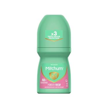 Imagem de Mitchum Desodorante antitranspirante feminino, aplicador roll-on, aroma fresco em pó, proteção contra suor e odores, secagem rápida, testado por dermatologistas, 50 ml