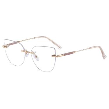 Imagem de Óculos sem aro com lentes transparentes e armação de óculos de gato, Dourado, rosa, transparente