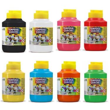 Imagem de Kit Tinta Guache 250ml Tempera 8 Cores Básicas Escolar Acrilex Ensino 