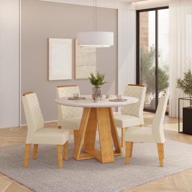 Imagem de Conjunto Sala de Jantar 4 Cadeiras Tampo Redondo DJ Móveis Kiara Cedro Lidia Linho Neve
