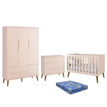 Imagem de Dormitório Infantil Theo Retrô 3 Portas, Cômoda, Berço com Pés Amadeirado e Colchão - Reller Móveis Rosa Fosco