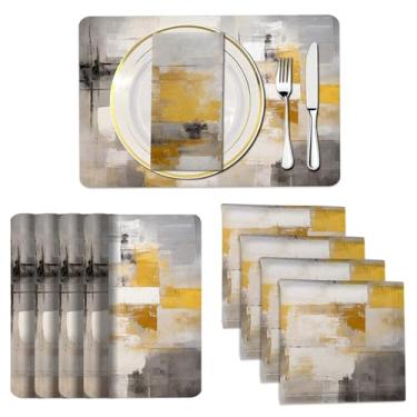 Imagem de Mcalk Conjunto de 8 jogos americanos amarelos e guardanapos de pano, jogo americano de arte moderna, guardanapo de pano cinza abstrato para decoração de cozinha doméstica (jogo americano 45,7 x 30,5