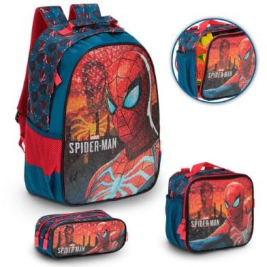Imagem de Kit Mochila Infantil Spider Man Com Lancheira Térmica Azul - Plike