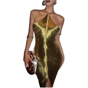 Imagem de Dresse Mulheres Elegante Brilhante Metálico Halter Midi Vestido Feminino Sem Mangas Backless Bodycon Longo Senhora Festa Clube Vestes De Noite, Gold Short, XL