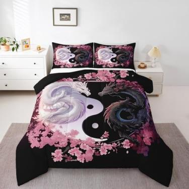 Imagem de Feelyou Conjunto de cama king size com dragão, Yin Yang, flores de cerejeira, dragão antigo vida selvagem, casal amante, para decoração de quarto, conjunto de edredom romântico com 2 fronhas