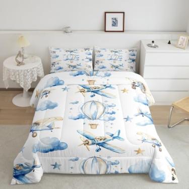 Imagem de Conjunto de edredom para meninos, tamanho casal, desenho animado, aquarela, balão de ar quente, para meninas, jovens, galáxia sonhadora, estrelas, céu, 2 fronhas