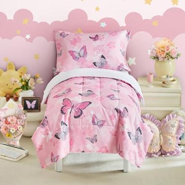 Imagem de Jogo de cama infantil de borboleta para meninas, rosa e colorido, 4 peças, com flores rosa macias e lindas princesas em uma bolsa com jogo de lençol branco e fronhas de travesseiro