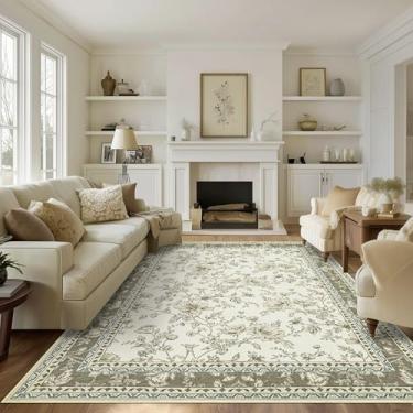 Imagem de Tapete extra grande bege acastanhado para sala de estar 25 x 35 cm, tapetes florais para sala de jantar embaixo da mesa, tapete lavável macio antiderrapante para quarto grande, bege claro, cáqui