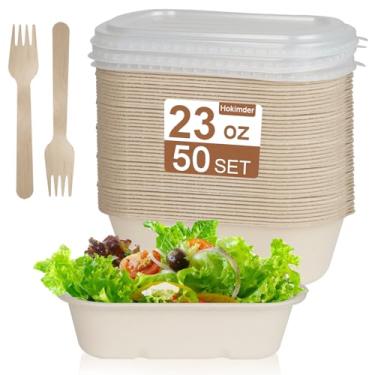 Imagem de Embalagem com 50 recipientes de papel descartáveis de 652 g com tampas e garfos - tigelas de papel retangulares para levar recipientes de alimentos para salada, macarrão, nacho, burrito, sobras de 700