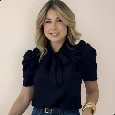 Imagem de Blusa Feminina Social Manga Curta Bufante com Laço e Babados - G-Store