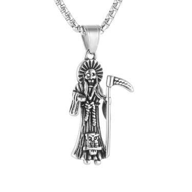 Imagem de HZMAN Colar de Papai Noel Muerte masculino gótico ceifador de aço inoxidável pingente de caveira foice de Santa Morte