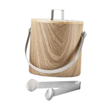 Imagem de ＫＬＫＣＭＳ Balde de gelo para bebidas com tampa e pinça, 1,4 L Grão de Madeira