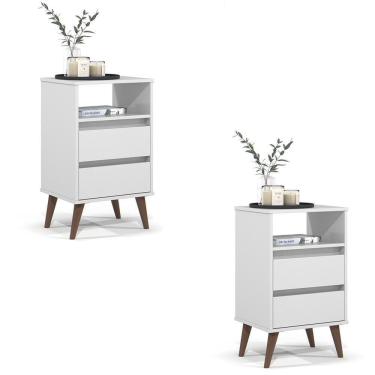 Imagem de Kit 2 Mesa De Cabeceira Roma Quarto Com 2 Gavetas Branco