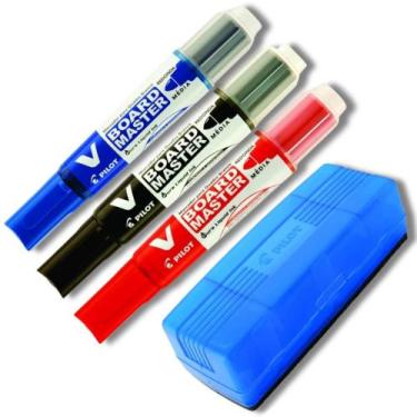 Imagem de Kit 3 Marcadores Quadro Branco Recarregável + Apagador de Quadro Branc