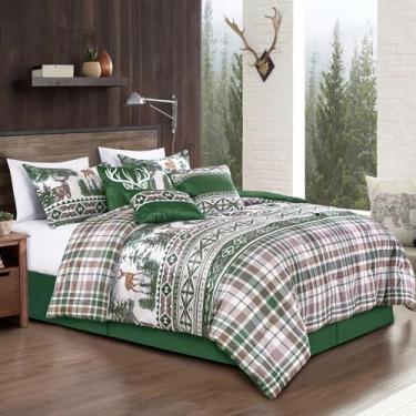 Imagem de WPM WORLD PRODUCTS MART Conjunto de edredom de veludo com estampa de veado verde floresta – Cama de cabana com fronhas, saia para cama e travesseiros decorativos – Design rústico de vida selvagem da