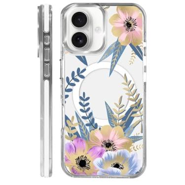 Imagem de Yuning419 Capa para iPhone 16 Plus, compatível com Magsafe, proteção total da câmera, capa transparente para meninas e mulheres, capa magnética protetora à prova de choque - pétala florescendo