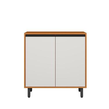 Imagem de Balcão Poliman Ravena 80cm 2 Portas Tampo 15mm Puxadores Pretos Prateleira Removível Freijó Off White Acetinado