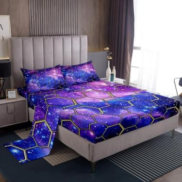 Imagem de Manfei Jogo de lençol solteiro, galáxia azul, estampa geométrica, hexágono, céu estrelado, favo de mel, 3 peças com lençol de cima + 1 fronha, decoração de quarto infantil de meninos e meninas