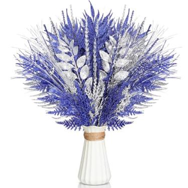 Imagem de Motionchic 50 palhetas e sprays de árvore de Natal, galhos de pinheiro com glitter, hastes de ramo com glitter para decoração de guirlanda de vaso de Natal (azul royal, prata)