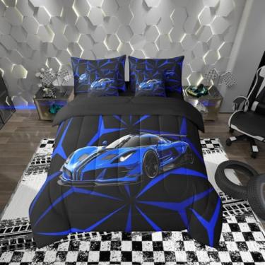 Imagem de Conjunto de edredom infantil de carro de corrida azul, tamanho solteiro, tema geométrico abstrato, reversível, carro de corrida com edredom, lençol e fronha