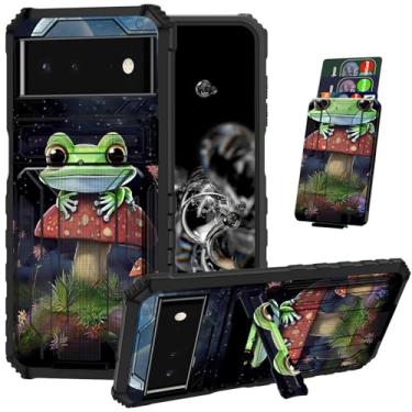 Imagem de ACWDMKH Capa para Pixel 6A com suporte para cartão e suporte para celular Google Pixel 6A capa protetora híbrida resistente à prova de choque para Pixel 6A, cogumelo sapo fofo