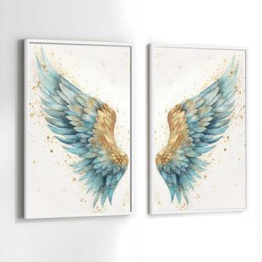 Imagem de Conjunto Quadros Decorativos com Moldura Asas Azul Dourada Kit 2 Quadr