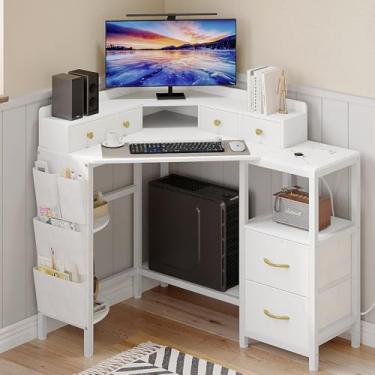 Imagem de VENNQD Mesa de canto com 6 gavetas para mesa de computador de pequeno espaço com tomadas, mesa de jogos com suporte de monitor de impressora, armazenamento para mesa de trabalho e escritório em casa