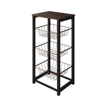 Imagem de Fruteira De Chão Cozinha Desmontada Aço Preto Cesto Cobre Tampo Amêndo