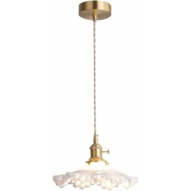 Imagem de WLHAZMWY Candeeiro pendente nórdico moderno minimalista luz pendente flor de vidro branco luminária de cobre base E27