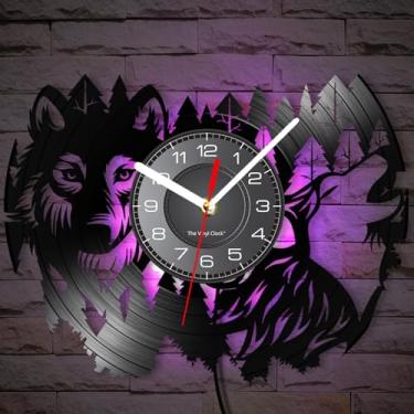 Imagem de Timethink Relógio de parede de lobo da vida selvagem de 30,5 cm, 7 tipos de cores de LED, relógio de parede analógico preto decorativo vintage com disco de vinil, quartzo silencioso, sem tique-taque