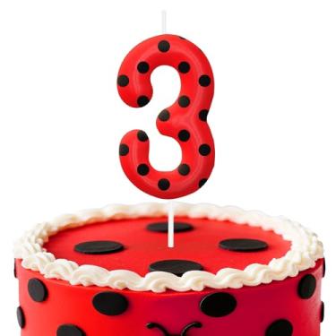 Imagem de Velas de aniversário de joaninha número 3, topo de bolo de bolinhas vermelhas e pretas para meninos e meninas, decorações de aniversário, suprimentos de festa, velas numéricas para decoração de festa