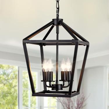 Imagem de 4 luzes pendentes pretas claras ilha de cozinha, luminária pendente de casa de fazenda de 30 cm, lanterna de ferro de altura ajustável, luminárias pendentes pretas, lustre de casa de fazenda de gaiola