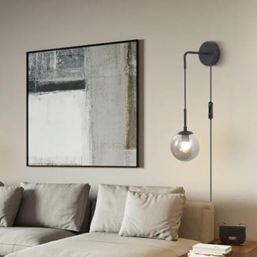 Imagem de Luz de parede com plugue ajustável com cabo de plugue ajustável Arandelas de parede industriais vintage com tampa de cortina de vidro E27 lâmpadas de parede sala de estar quarto (lâmpada não incluída