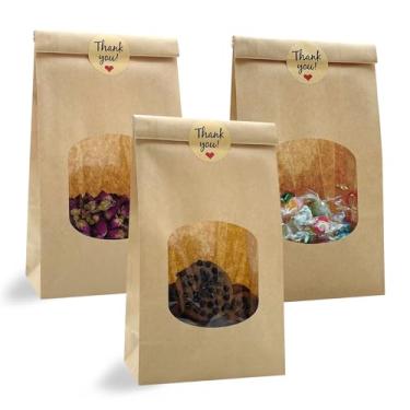 Imagem de HiCivan Mini sacos de biscoito de tamanho pequeno para embalagem com trava de aba de gravata de lata e etiquetas adesivas de agradecimento, sacos de papel Kraft marrom para doces, grãos de café