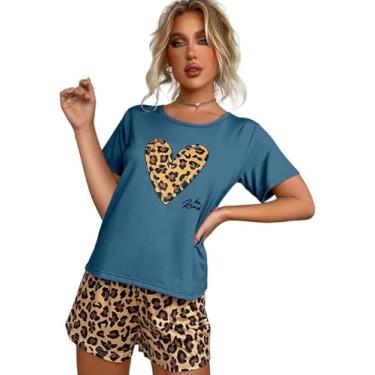 Imagem de Conjunto De Pijamas Para Mulheres Conjunto De Pijamas Femininos Estampa De Leopardo Pijamas Femininos Pulôver Com Estampa De Coração Solto Manga Curta Roupas Femininas De Cas, Light Blue, M