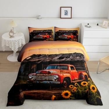 Imagem de Manfei Conjunto de edredom rústico King Size com 3 peças, cabine de caminhão vermelho vintage, prancha de madeira, outono, pôr do sol, céu fazenda, girassol, para quarto de adultos, 2 fronhas
